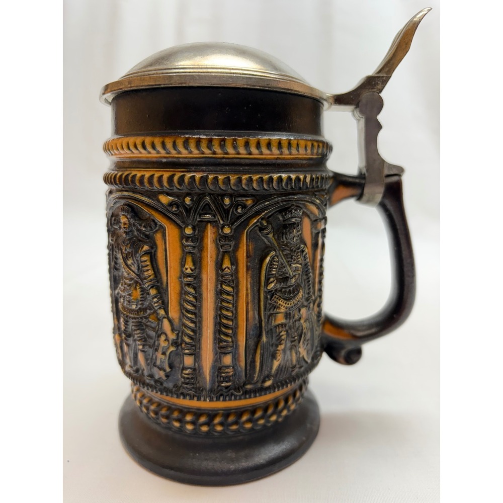 Vintage German Beer Stein Lidded Stoneware Knight Medieval Relief 7450 Germany
